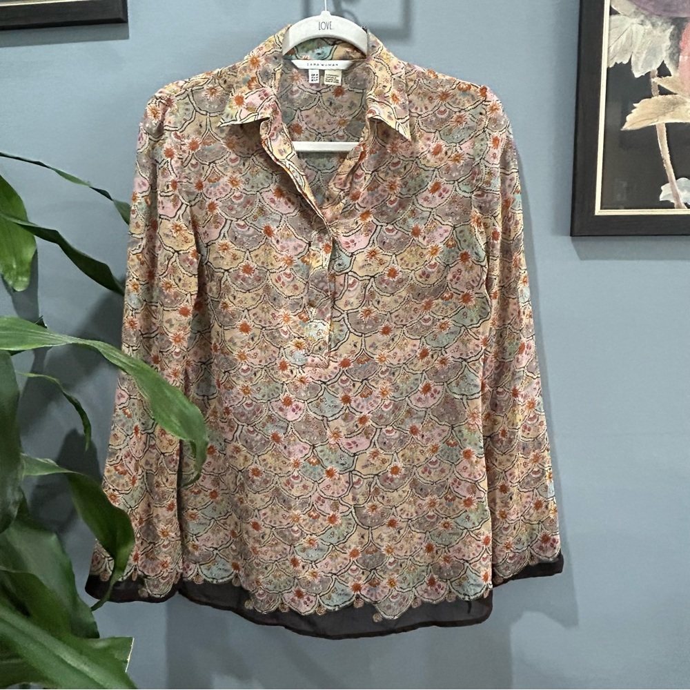 Zara Womans Pullover Blouse - Silk Printed 3/4 Sleeves sz M